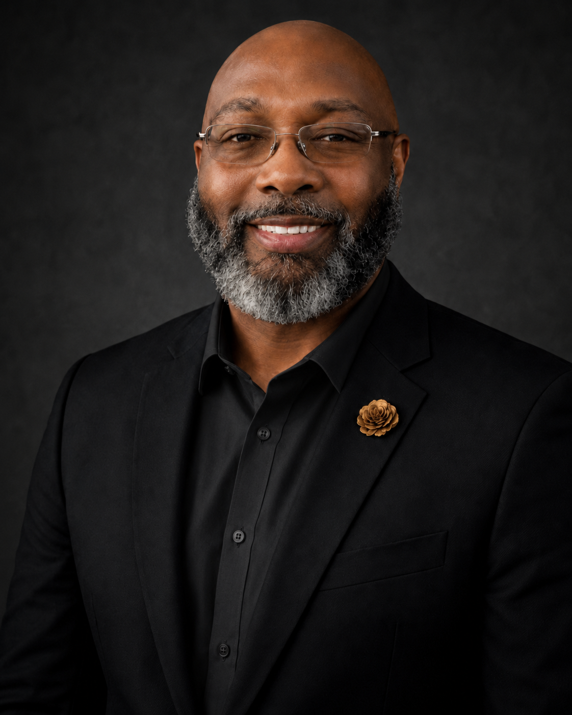 Portrait of Kyle Mathews, Founder of Lionheart Intelligence, wearing a black suit with a gold lapel pin.